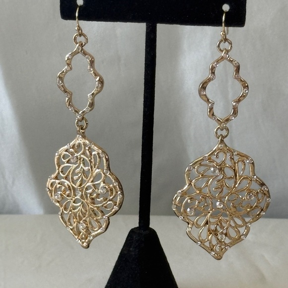 Elegant Gold Filigree Dangle Earrings Rhinestone Accents 3.25” Statement Glamour - Picture 1 of 8